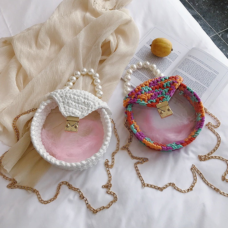 Handmade Material Package Small Fragrance Wind Acrylic Feather Woven Bag Transparent Pearl Diagonal Bag Diy Package - ebowsos