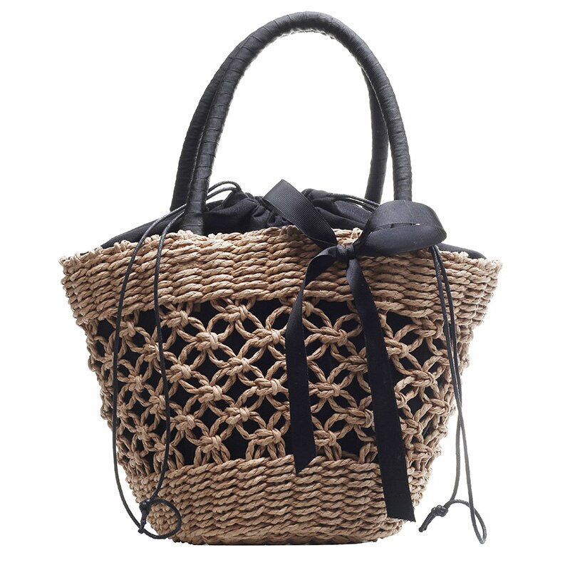 Handmade Straw Bag Female New Personality Woven Vegetable Basket Black Bow Ribbon Handbag - ebowsos