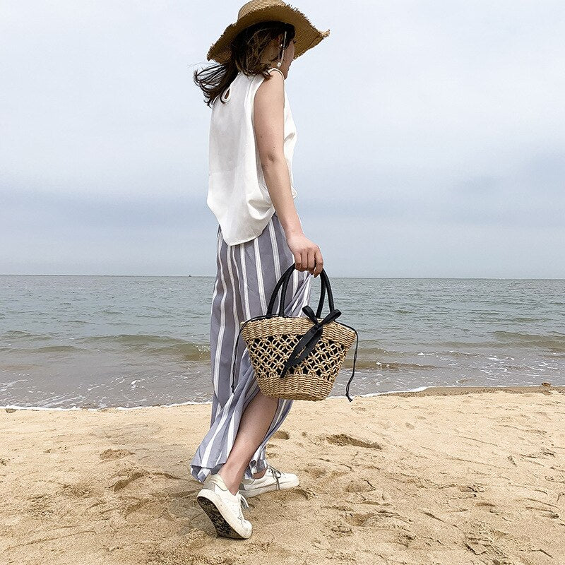 Handmade Straw Bag Female New Personality Woven Vegetable Basket Black Bow Ribbon Handbag - ebowsos