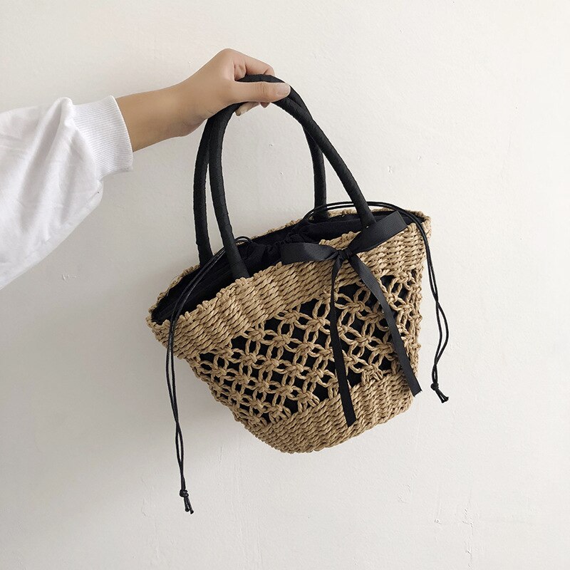 Handmade Straw Bag Female New Personality Woven Vegetable Basket Black Bow Ribbon Handbag - ebowsos