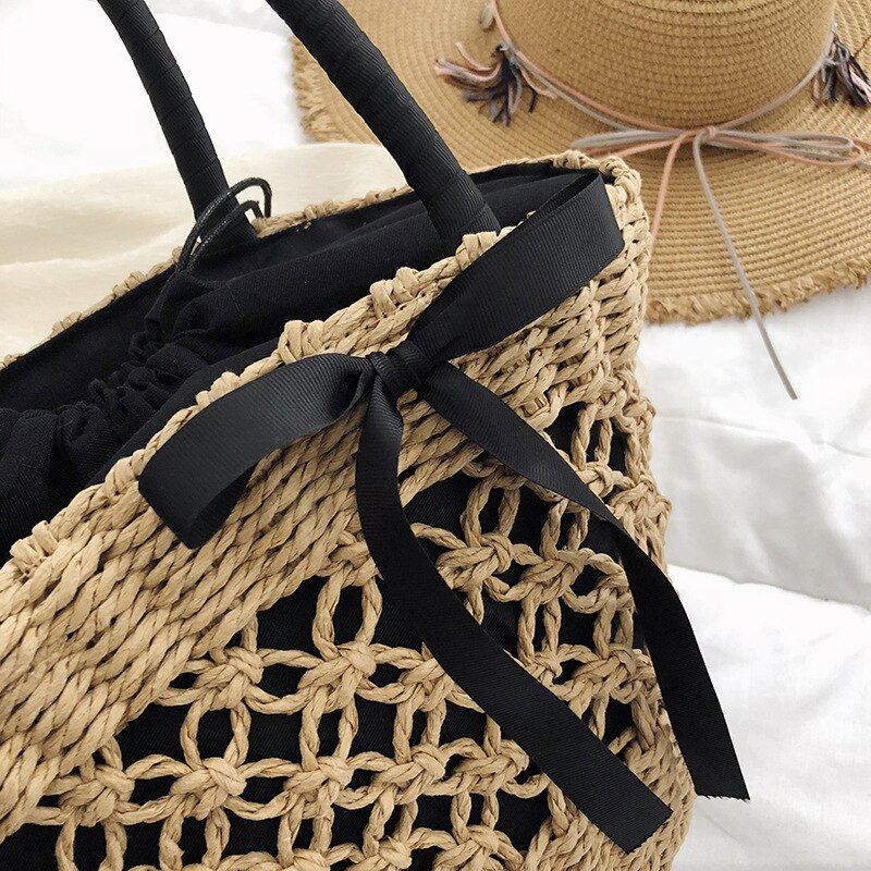 Handmade Straw Bag Female New Personality Woven Vegetable Basket Black Bow Ribbon Handbag - ebowsos