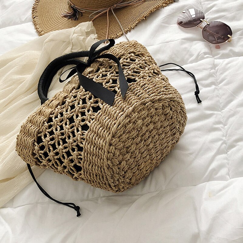 Handmade Straw Bag Female New Personality Woven Vegetable Basket Black Bow Ribbon Handbag - ebowsos