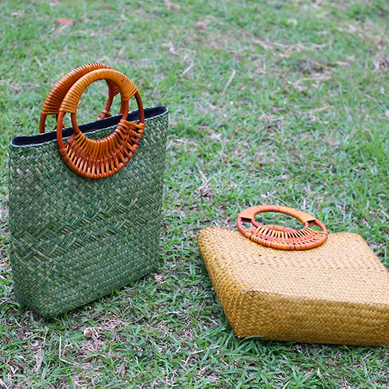 Handmade Woven Bag Ladies Bag Rattan Straw Woven Handle Handbag Holiday Beach Bag - ebowsos