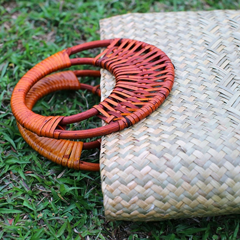 Handmade Woven Bag Ladies Bag Rattan Straw Woven Handle Handbag Holiday Beach Bag - ebowsos