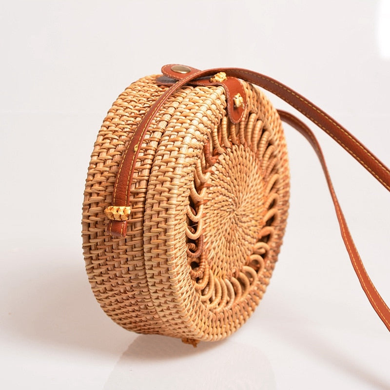 Handmade Woven Rattan Bag Women Straw Bag Bamboo Circular Beach Bags Summer Bali Bohemian Knitting Shoulder Bags - ebowsos