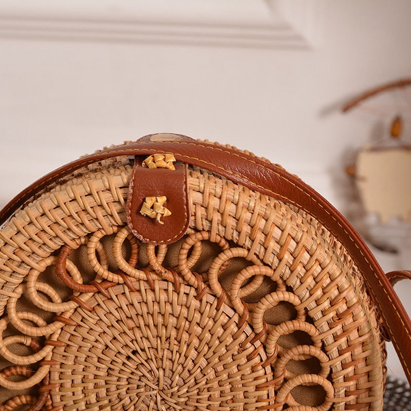 Handmade Woven Rattan Bag Women Straw Bag Bamboo Circular Beach Bags Summer Bali Bohemian Knitting Shoulder Bags - ebowsos