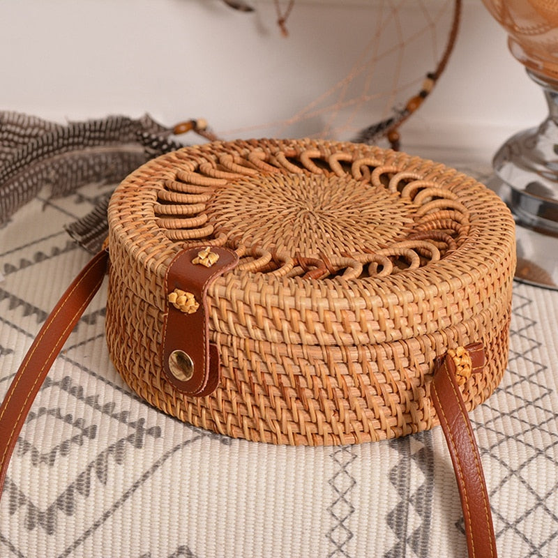 Handmade Woven Rattan Bag Women Straw Bag Bamboo Circular Beach Bags Summer Bali Bohemian Knitting Shoulder Bags - ebowsos