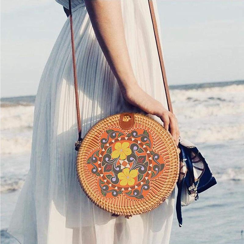Handwoven Round Rattan Bag With Beautiful Print Handmade Beach Crossbody Bag Fashion Shoulder Leather Strap Bali Purse Fo - ebowsos