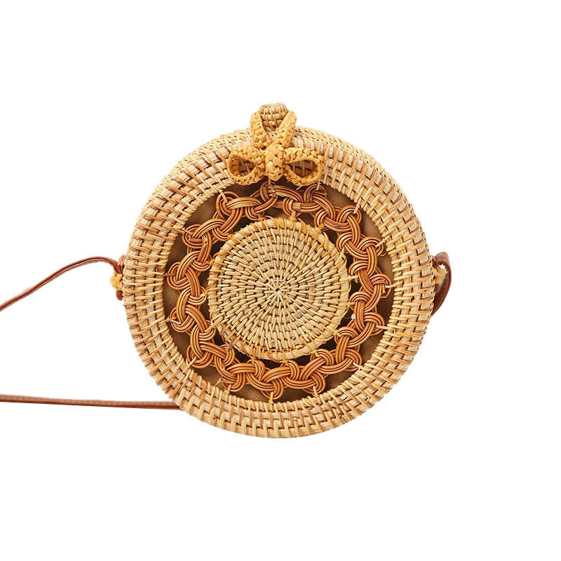 Handwoven Round Rattan Crossbody Bag For Women Leather Shoulder Straps Round Rattan Purse Straw Bags - ebowsos