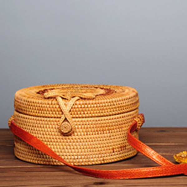 Handwoven Round Rattan Crossbody Bag For Women Leather Shoulder Straps Round Rattan Purse Straw Bags - ebowsos