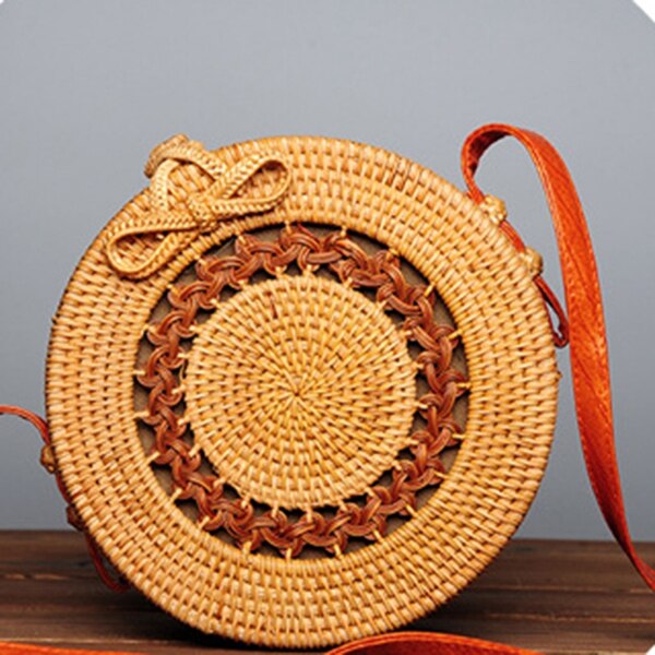 Handwoven Round Rattan Crossbody Bag For Women Leather Shoulder Straps Round Rattan Purse Straw Bags - ebowsos