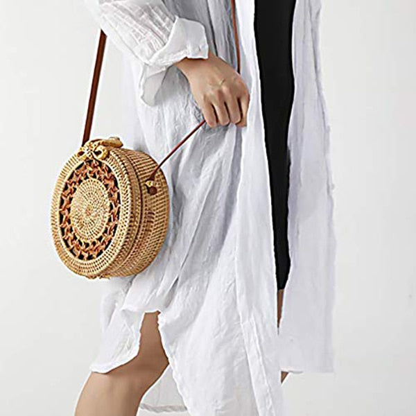 Handwoven Round Rattan Crossbody Bag For Women Leather Shoulder Straps Round Rattan Purse Straw Bags - ebowsos