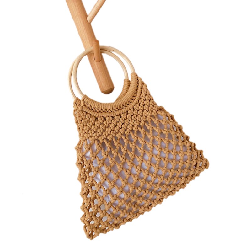 Hollow Net Straw Bag Cotton Hand-Woven Round Wood Ring Rattan Portable Female Summer Straw Bag New Beach Bag - ebowsos