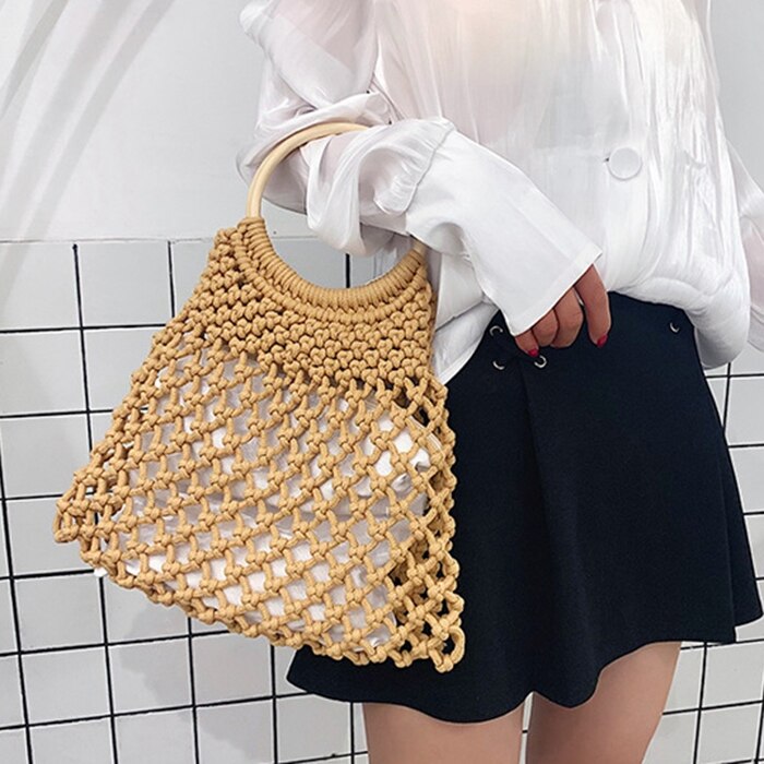 Hollow Net Straw Bag Cotton Hand-Woven Round Wood Ring Rattan Portable Female Summer Straw Bag New Beach Bag - ebowsos