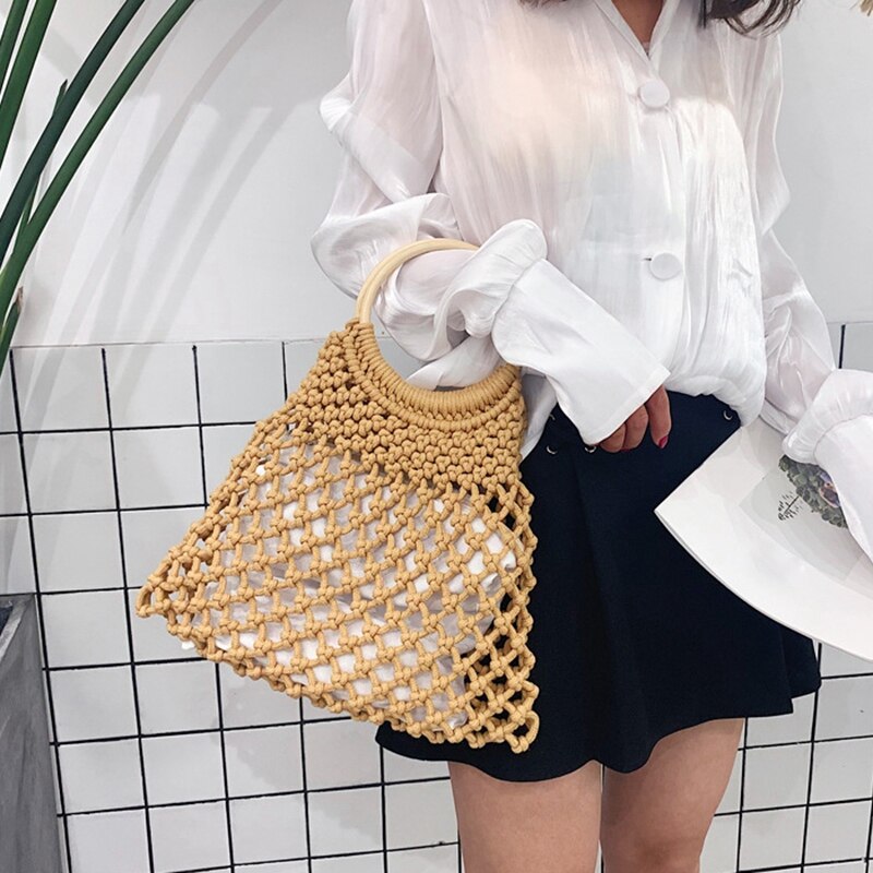 Hollow Net Straw Bag Cotton Hand-Woven Round Wood Ring Rattan Portable Female Summer Straw Bag New Beach Bag - ebowsos