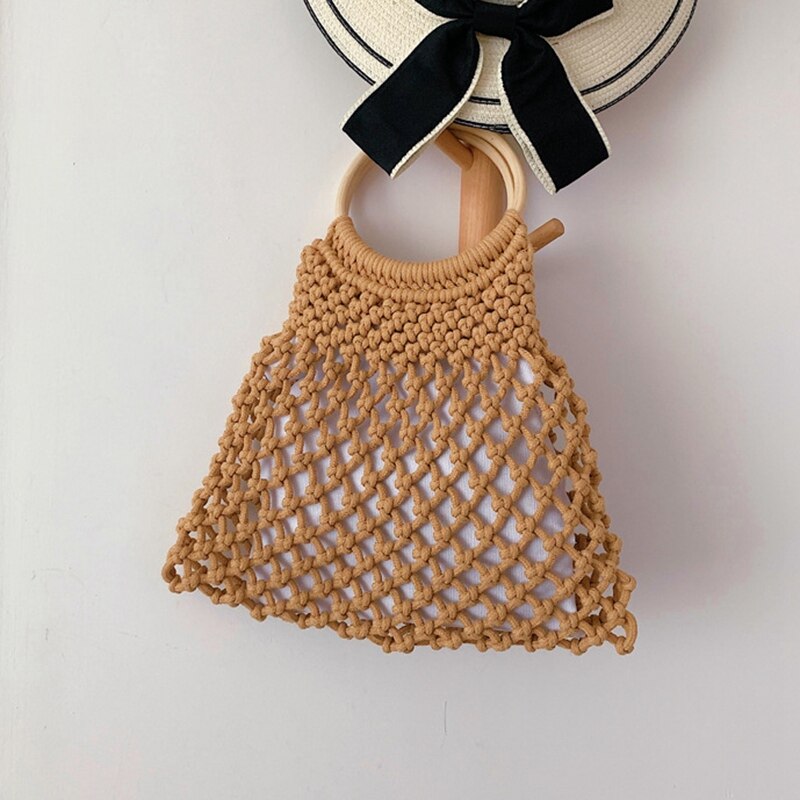 Hollow Net Straw Bag Cotton Hand-Woven Round Wood Ring Rattan Portable Female Summer Straw Bag New Beach Bag - ebowsos