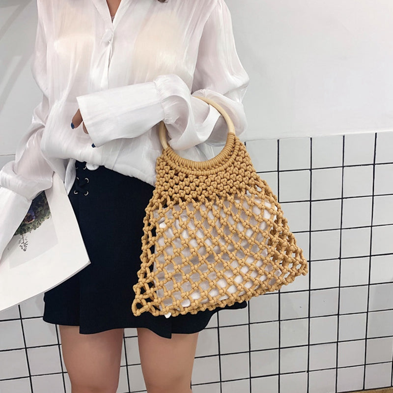 Hollow Net Straw Bag Cotton Hand-Woven Round Wood Ring Rattan Portable Female Summer Straw Bag New Beach Bag - ebowsos