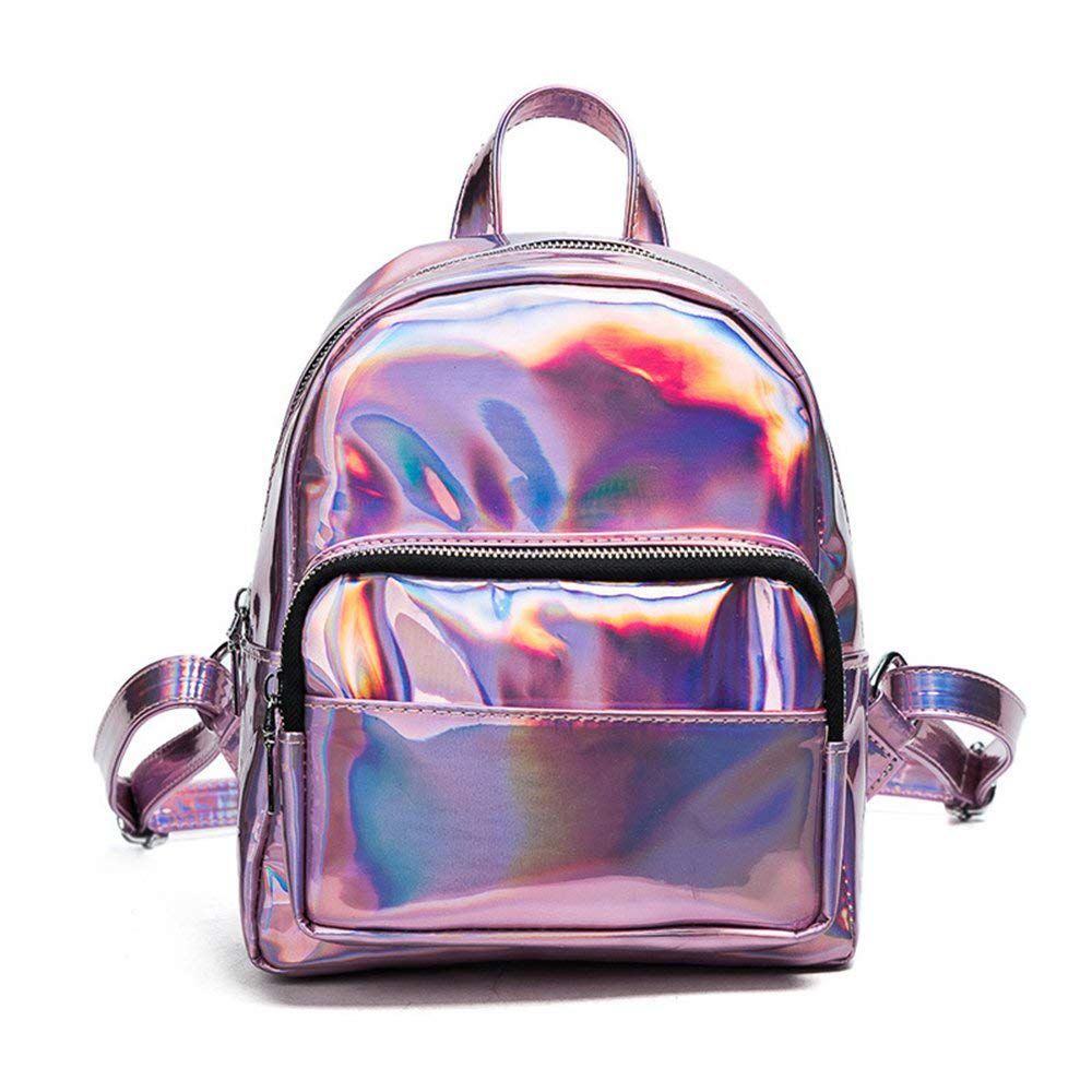 Holographic Leather Backpack for Girls Pink Mini Backpack for Women - ebowsos