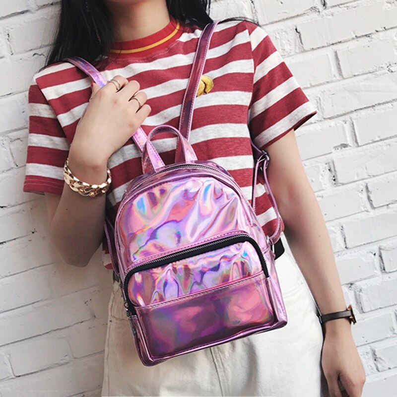 Holographic Leather Backpack for Girls Pink Mini Backpack for Women - ebowsos