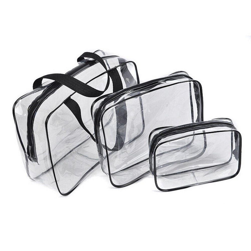 Hot 3pcs Clear Cosmetic Toiletry PVC Travel Wash Makeup Bag (Black) - ebowsos