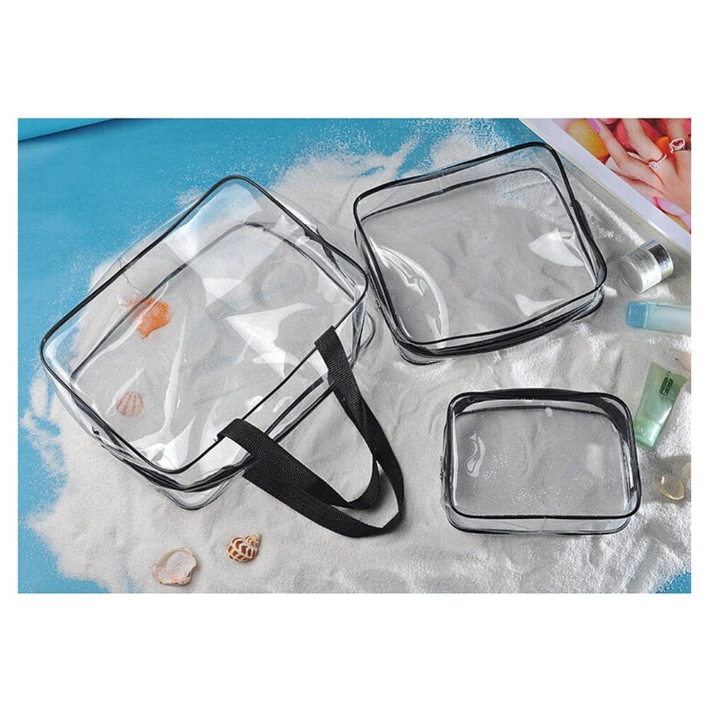 Hot 3pcs Clear Cosmetic Toiletry PVC Travel Wash Makeup Bag (Black) - ebowsos