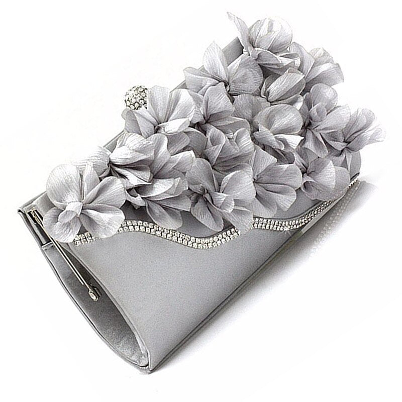 Hot Lady Satin Clutch Bag Flower Evening Party Wedding Purse Chain Shoulder Handbag 5 Colors - ebowsos