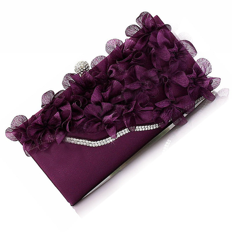 Hot Lady Satin Clutch Bag Flower Evening Party Wedding Purse Chain Shoulder Handbag 5 Colors - ebowsos