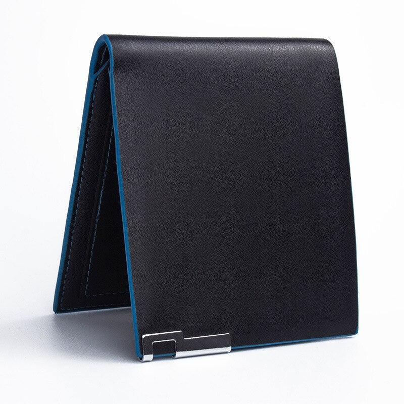 Hot Luxury Men's Bifold ID Card Holder Billfold Purse Wallet Handbag Clutch Black+Blue Edge - ebowsos