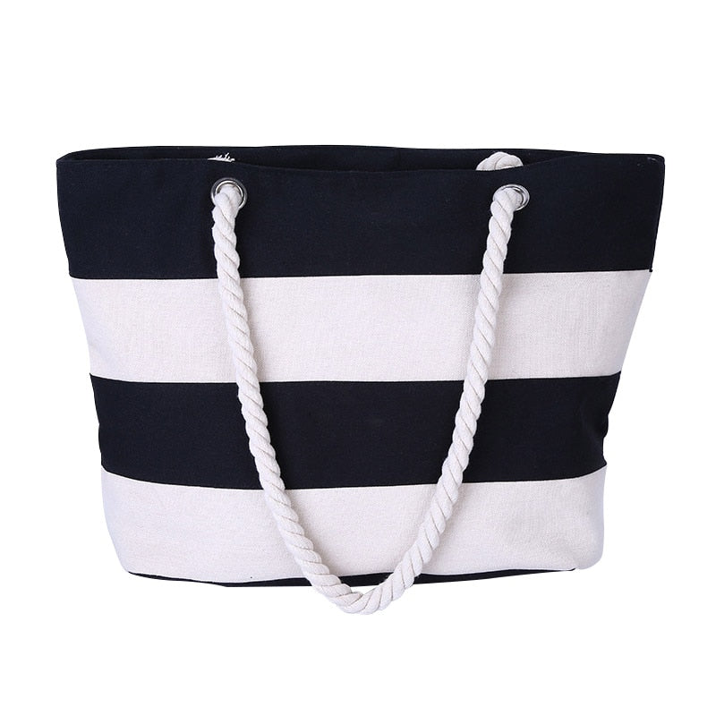 Hot Women Beach Canvas Bag Fashion Stripes Printing Handbags Ladies Large Shoulder Bag Totes Casual Bag Shopping Bags - ebowsos