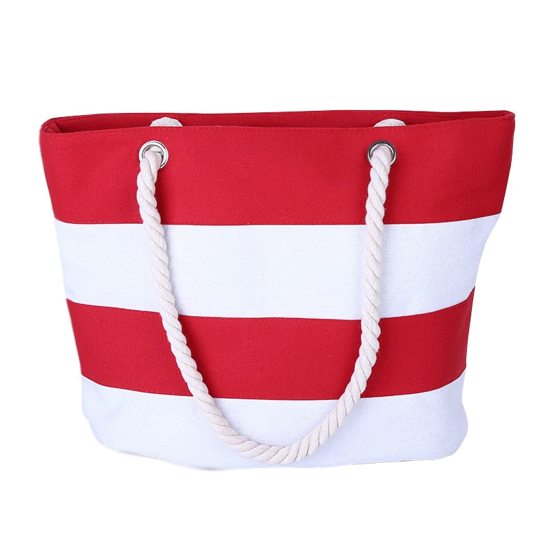 Hot Women Beach Canvas Bag Fashion Stripes Printing Handbags Ladies Large Shoulder Bag Totes Casual Bag Shopping Bags - ebowsos