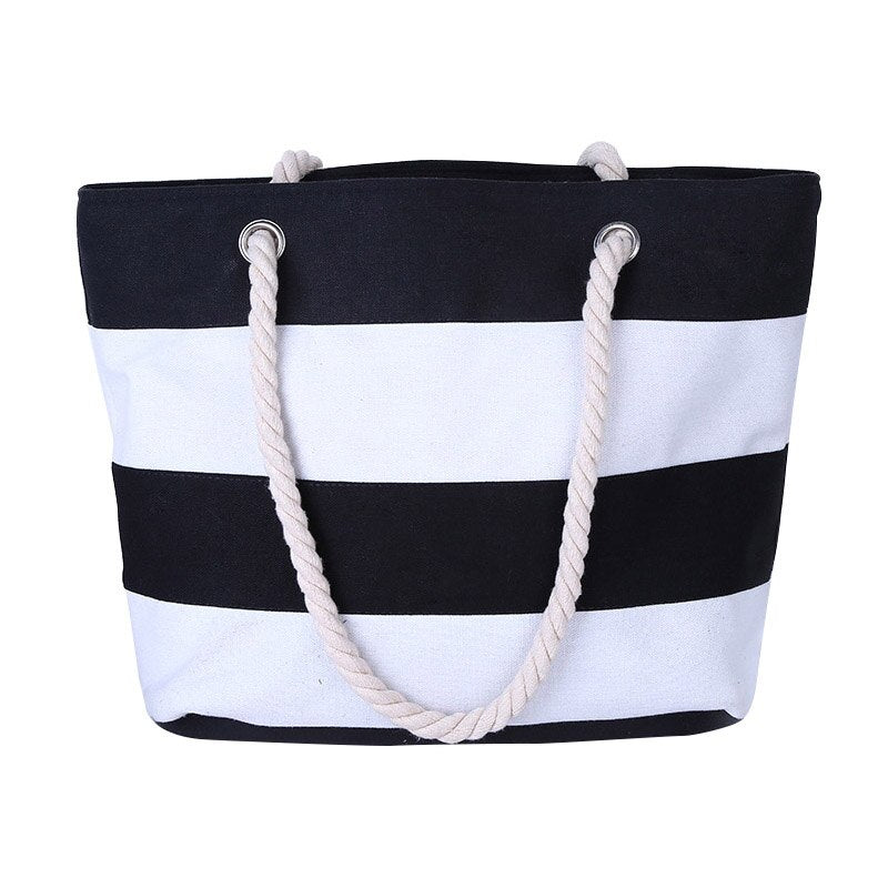 Hot Women Beach Canvas Bag Fashion Stripes Printing Handbags Ladies Large Shoulder Bag Totes Casual Bag Shopping Bags - ebowsos