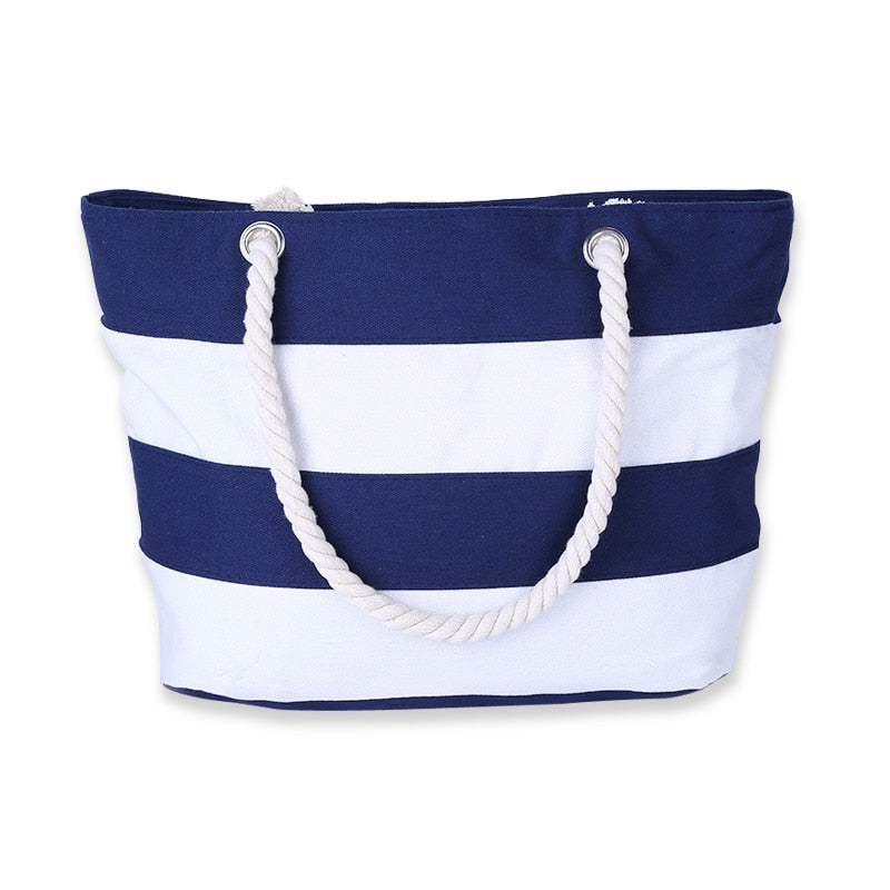 Hot Women Beach Canvas Bag Fashion Stripes Printing Handbags Ladies Large Shoulder Bag Totes Casual Bag Shopping Bags - ebowsos