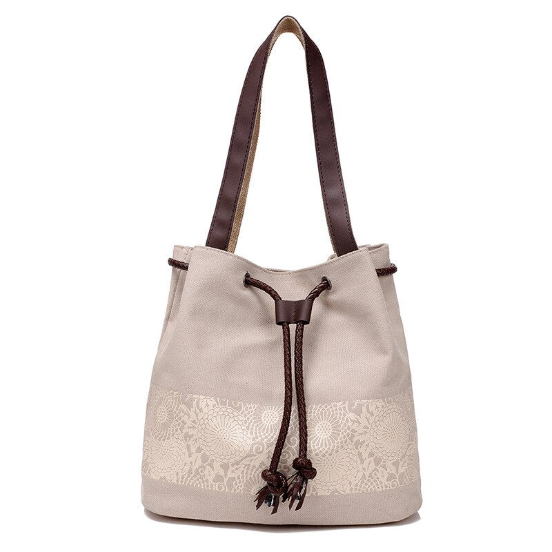 Hot Women's Canvas Retro printing folk-custom Drawstring handbag Beige - ebowsos