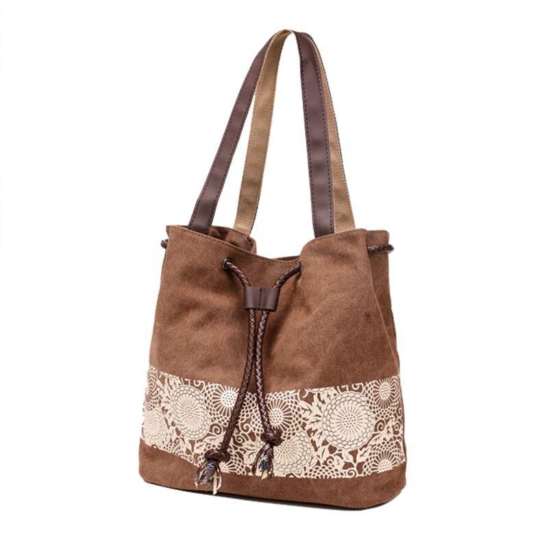 Hot Women's Canvas Retro printing folk-custom Drawstring handbag Beige - ebowsos