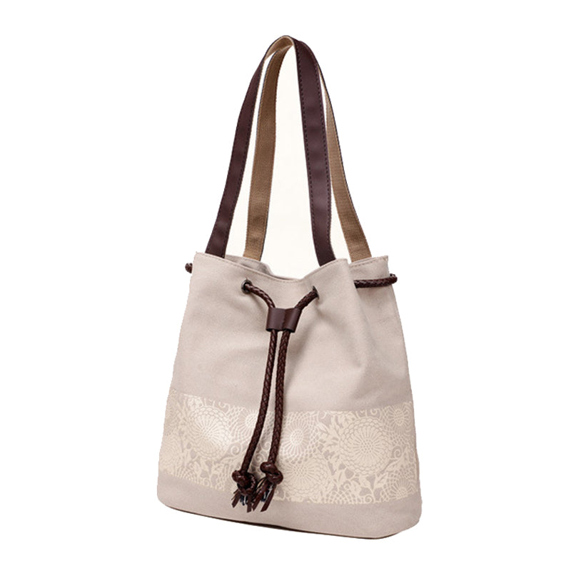 Hot Women's Canvas Retro printing folk-custom Drawstring handbag Beige - ebowsos