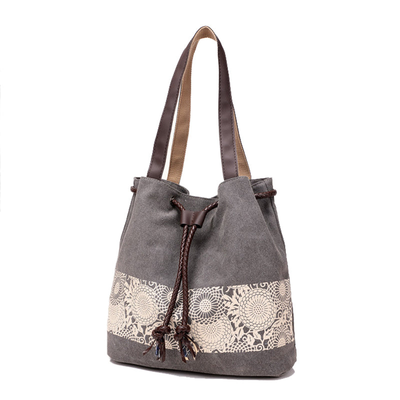 Hot Women's Canvas Retro printing folk-custom Drawstring handbag Beige - ebowsos