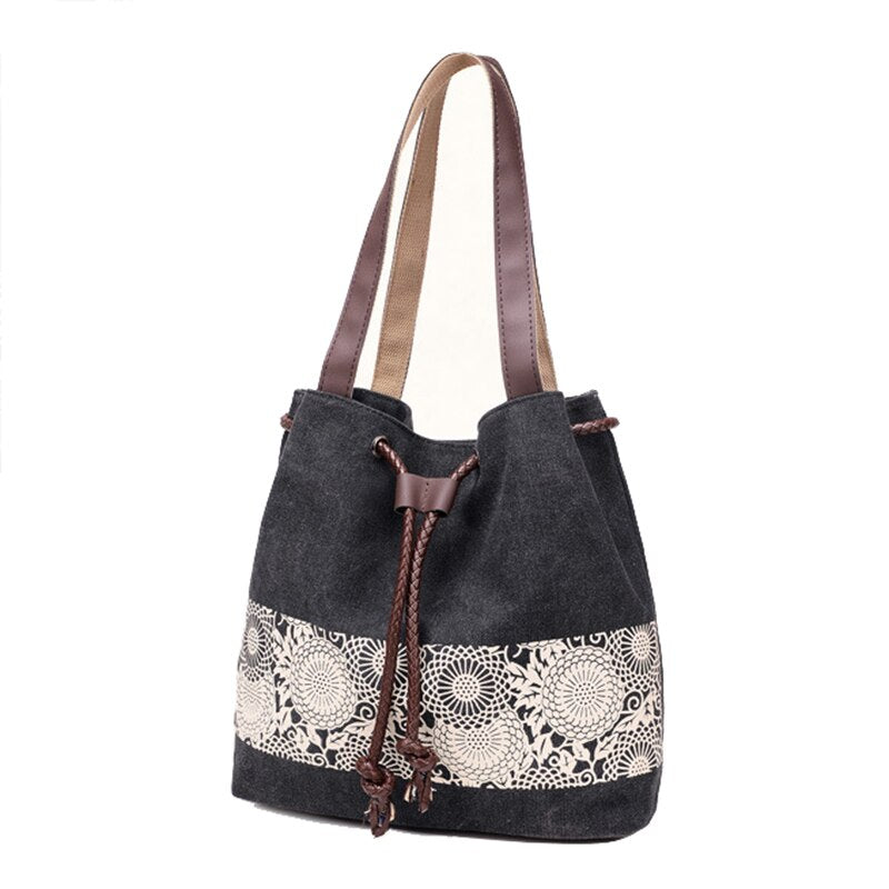 Hot Women's Canvas Retro printing folk-custom Drawstring handbag Beige - ebowsos