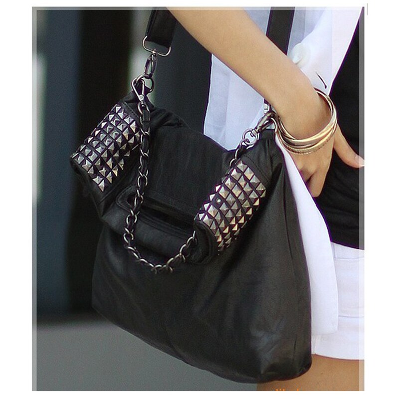 Hot Women's Korean Faux Leather Rivet Chain Foldable Shoulder Handbag Cross body Bag - ebowsos