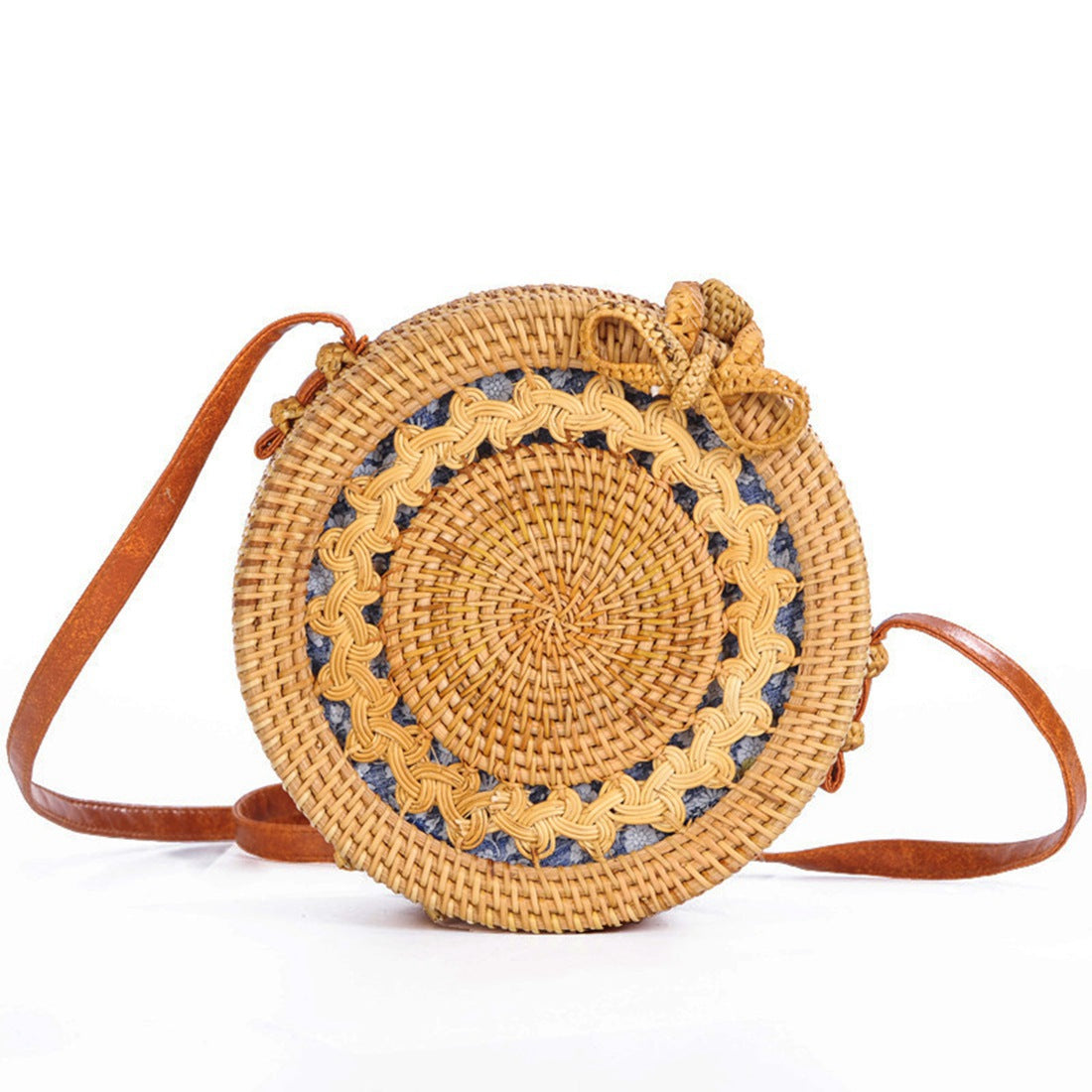 INS new ladies hand-woven bag round rattan retro literary hand-woven bag Bohemian hollow beach round shoulder bag PU shou - ebowsos