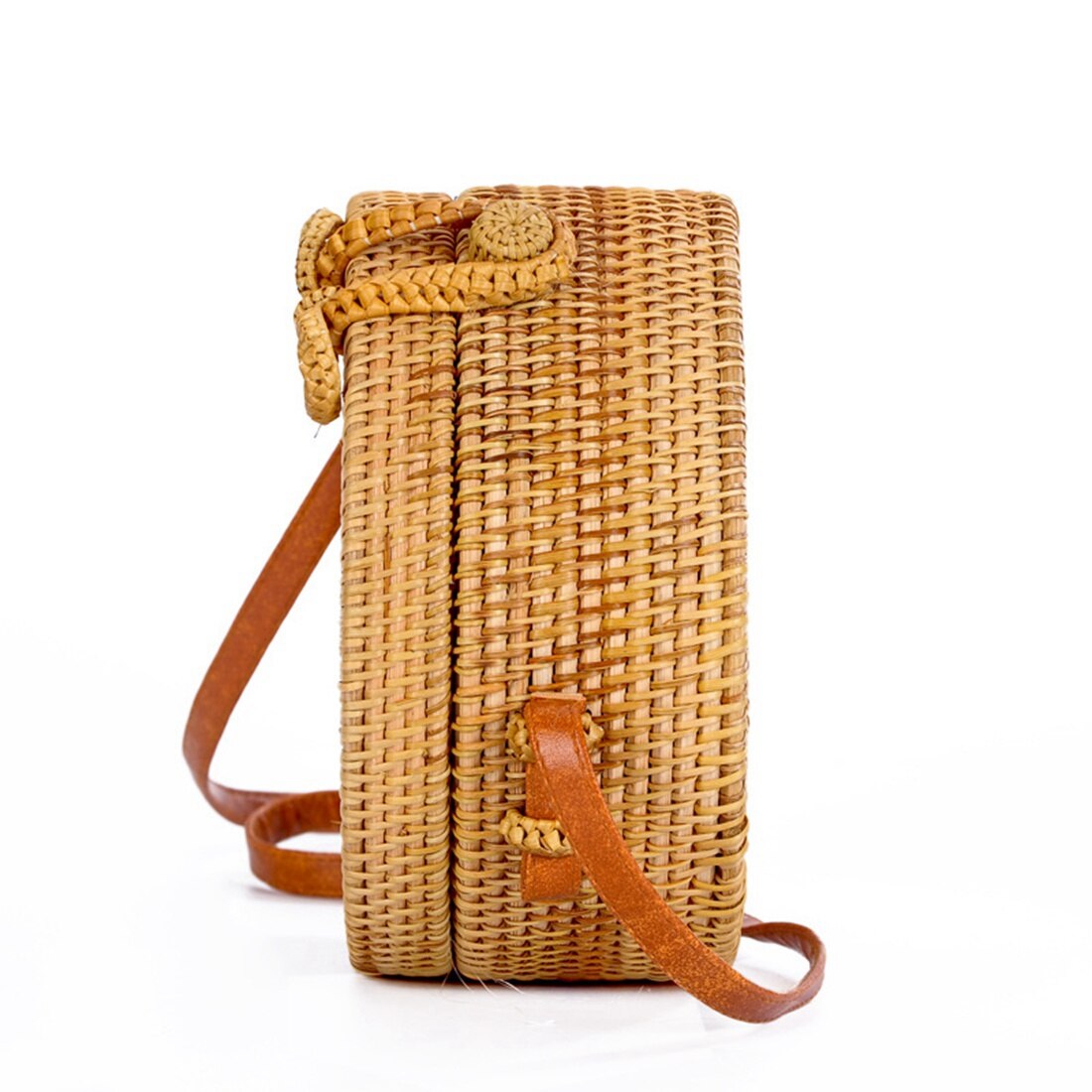 INS new ladies hand-woven bag round rattan retro literary hand-woven bag Bohemian hollow beach round shoulder bag PU shou - ebowsos