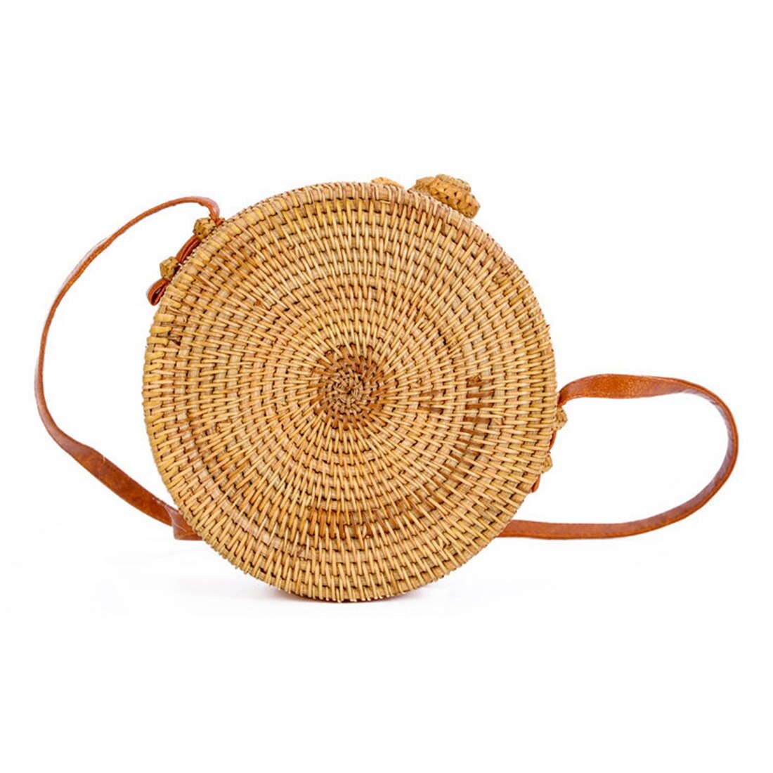 INS new ladies hand-woven bag round rattan retro literary hand-woven bag Bohemian hollow beach round shoulder bag PU shou - ebowsos