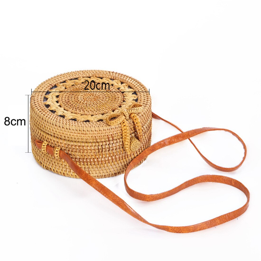 INS new ladies hand-woven bag round rattan retro literary hand-woven bag Bohemian hollow beach round shoulder bag PU shou - ebowsos