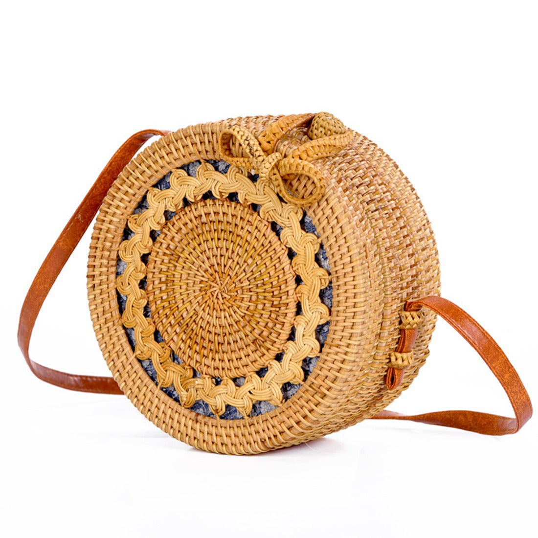 INS new ladies hand-woven bag round rattan retro literary hand-woven bag Bohemian hollow beach round shoulder bag PU shou - ebowsos