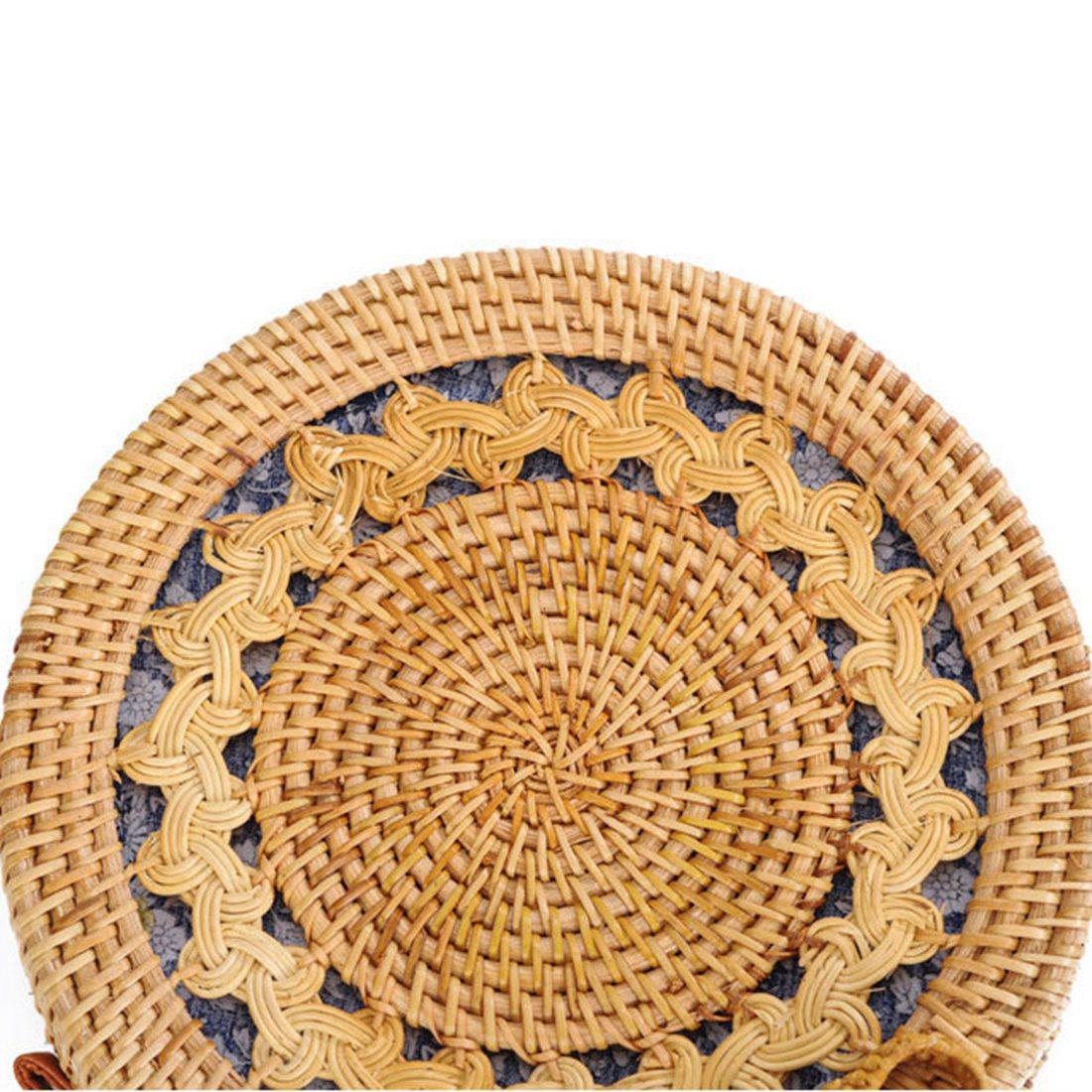 INS new ladies hand-woven bag round rattan retro literary hand-woven bag Bohemian hollow beach round shoulder bag PU shou - ebowsos