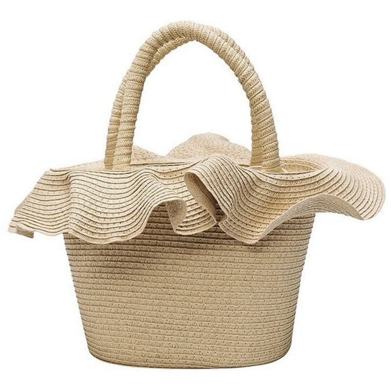 Ins Wind Lace Basket Straw Bag Seaside Holiday Handbag Female Summer Travel Braided Hat Bag - ebowsos