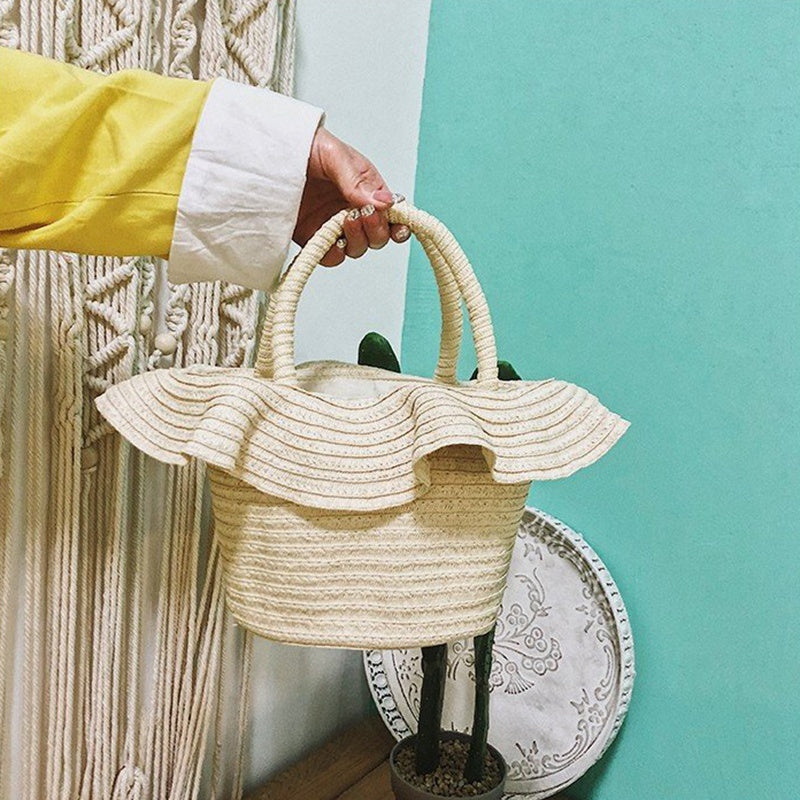 Ins Wind Lace Basket Straw Bag Seaside Holiday Handbag Female Summer Travel Braided Hat Bag - ebowsos