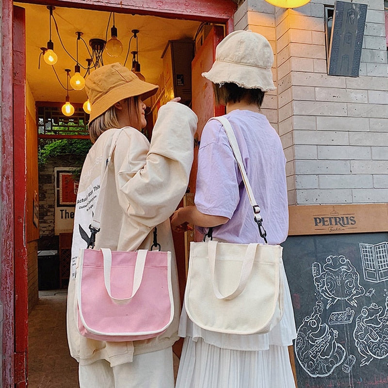 Japanese Harajuku College Wind Wild Girl Solid Color Canvas Bag Korean Version Of The Simple Sen Student Shoulder Bag Fem - ebowsos
