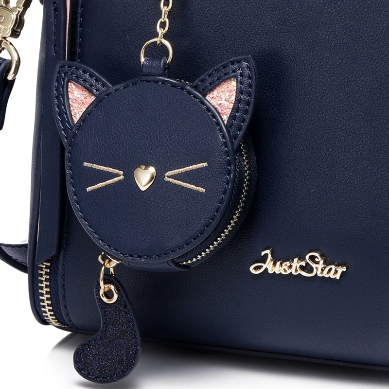 Just Star Leather Handbag Ladies Embroidered Cat Handbag Purse Ladies Tassel Stitching Casual Messenger Bag - ebowsos