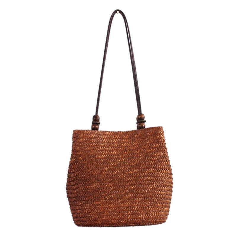 Knitted Straw Bag Summer Bohemia Fashion Women Handbags Stripes Shoulder Bags Beach Bag Big Tote Bags(Brown) - ebowsos