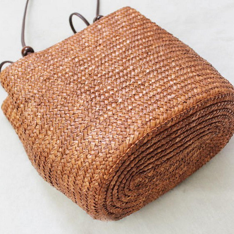 Knitted Straw Bag Summer Bohemia Fashion Women Handbags Stripes Shoulder Bags Beach Bag Big Tote Bags(Brown) - ebowsos